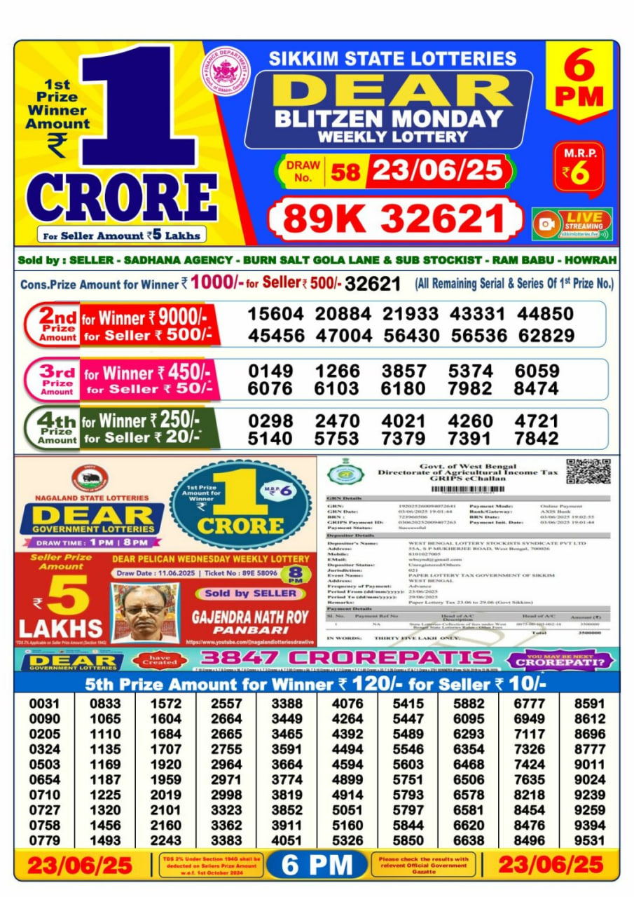 Dear Lottery 6 PM Result – Live Draw Image