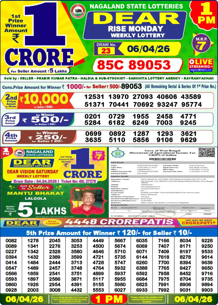 Dear Lottery 1 PM Result