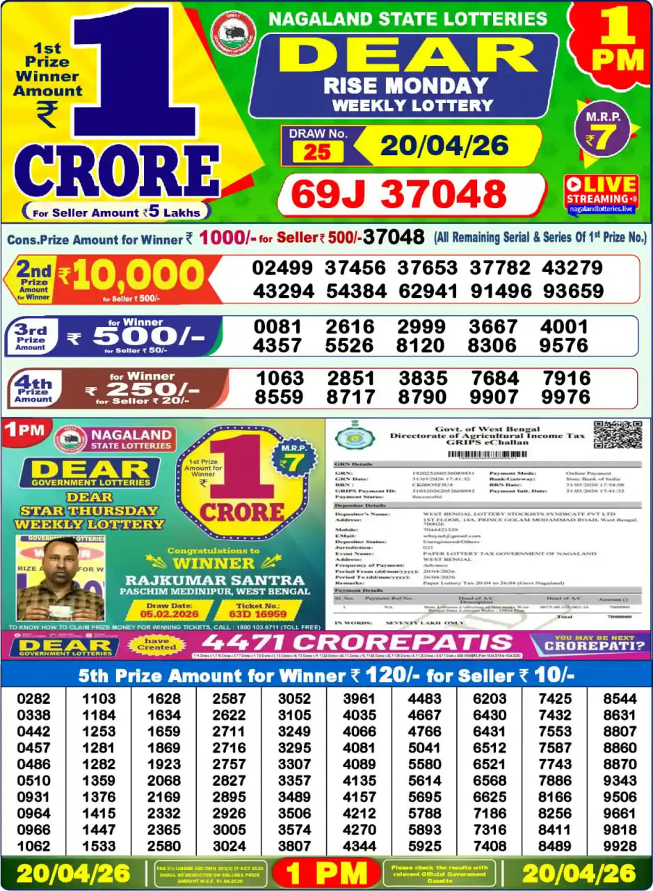 Dear Lottery 1 PM Result