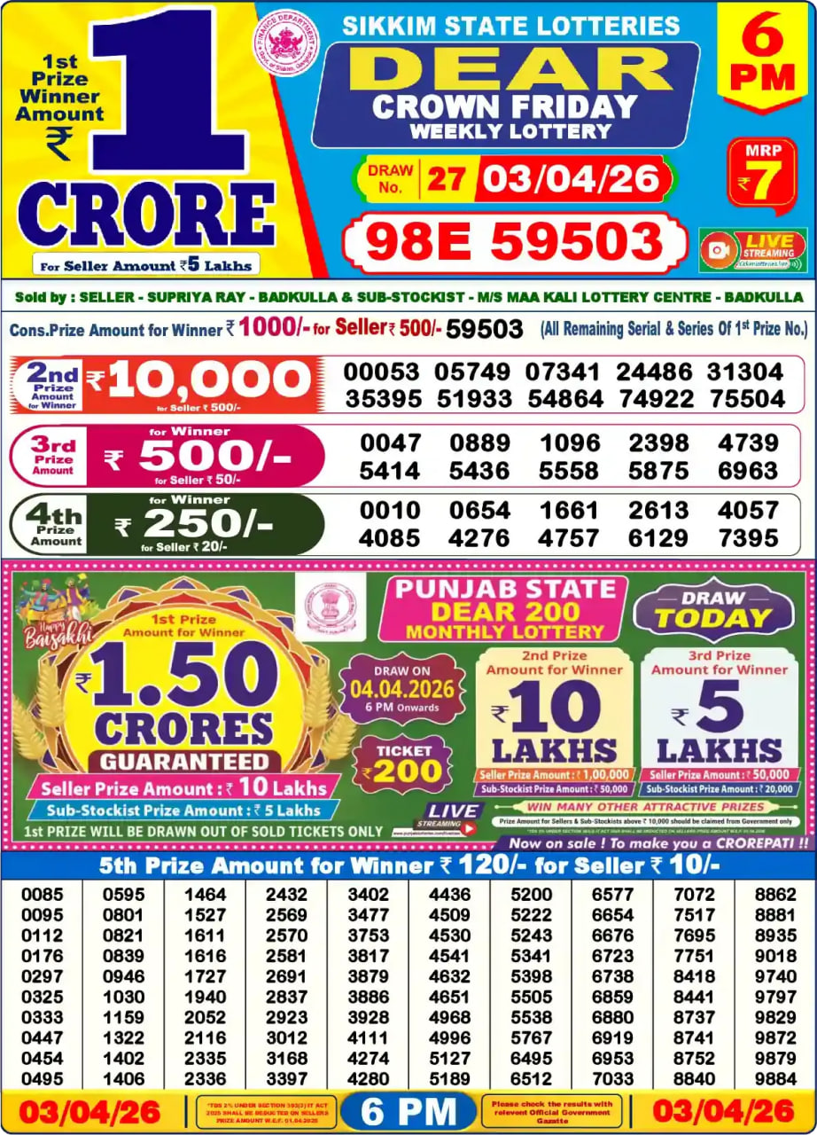 Dear Lottery Result 6&nbsp;PM – Live Draw Image