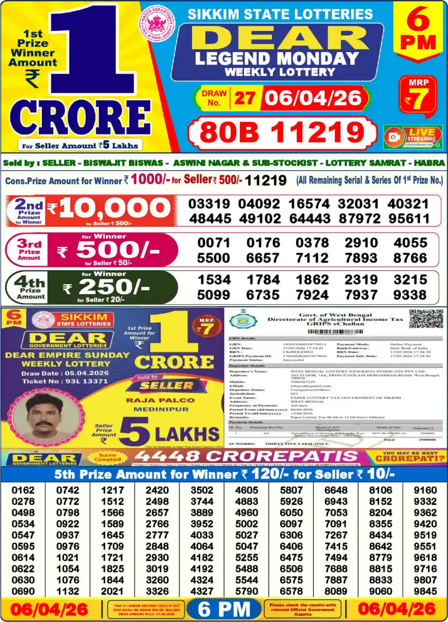 Dear Lottery6 PM Result