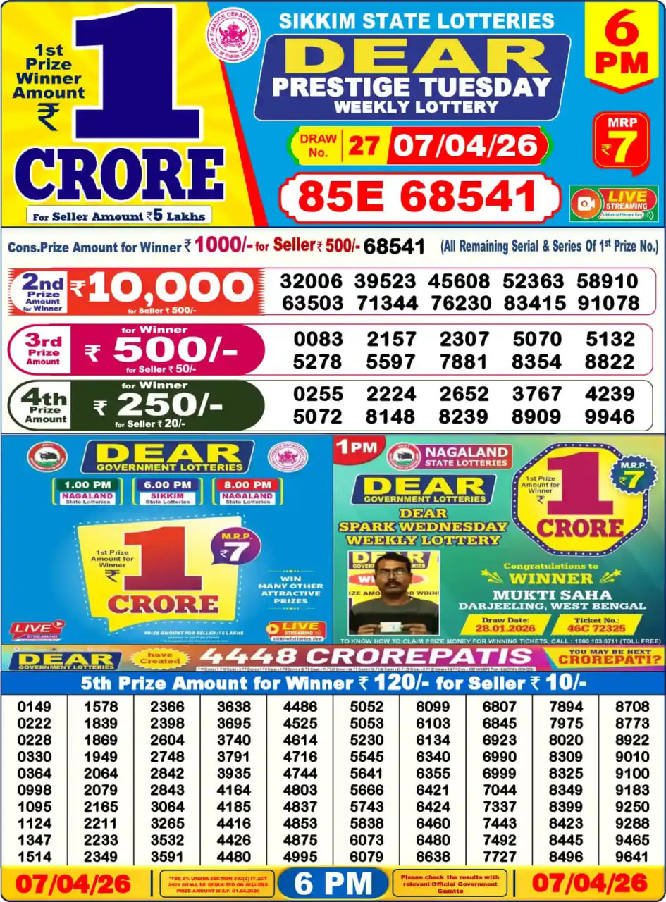 Dear Lottery Result 6&nbsp;PM – Live Draw Image