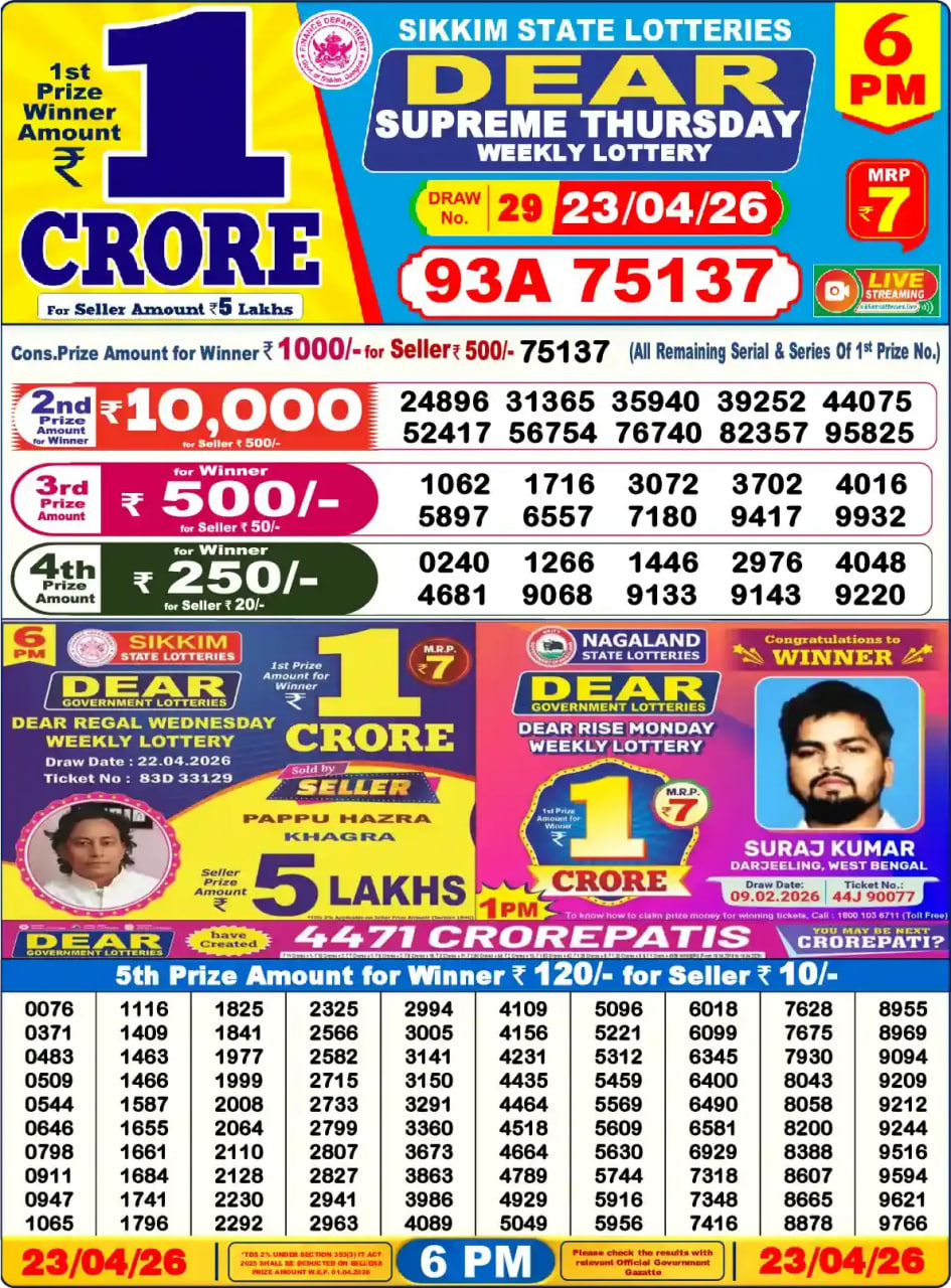 Dear Lottery Result 6&nbsp;PM – Live Draw Image