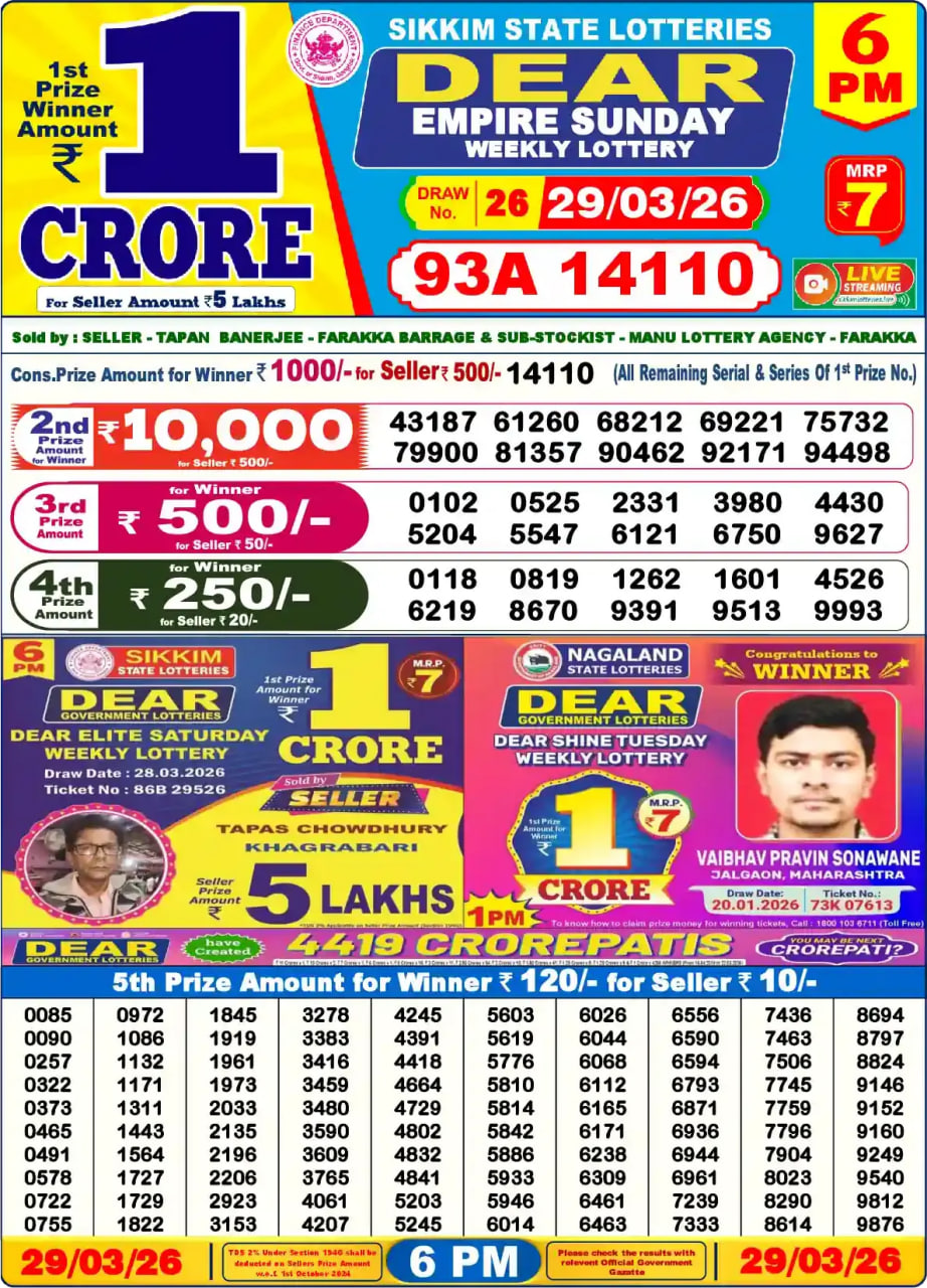 Dear Lottery Result 6&nbsp;PM – Live Draw Image