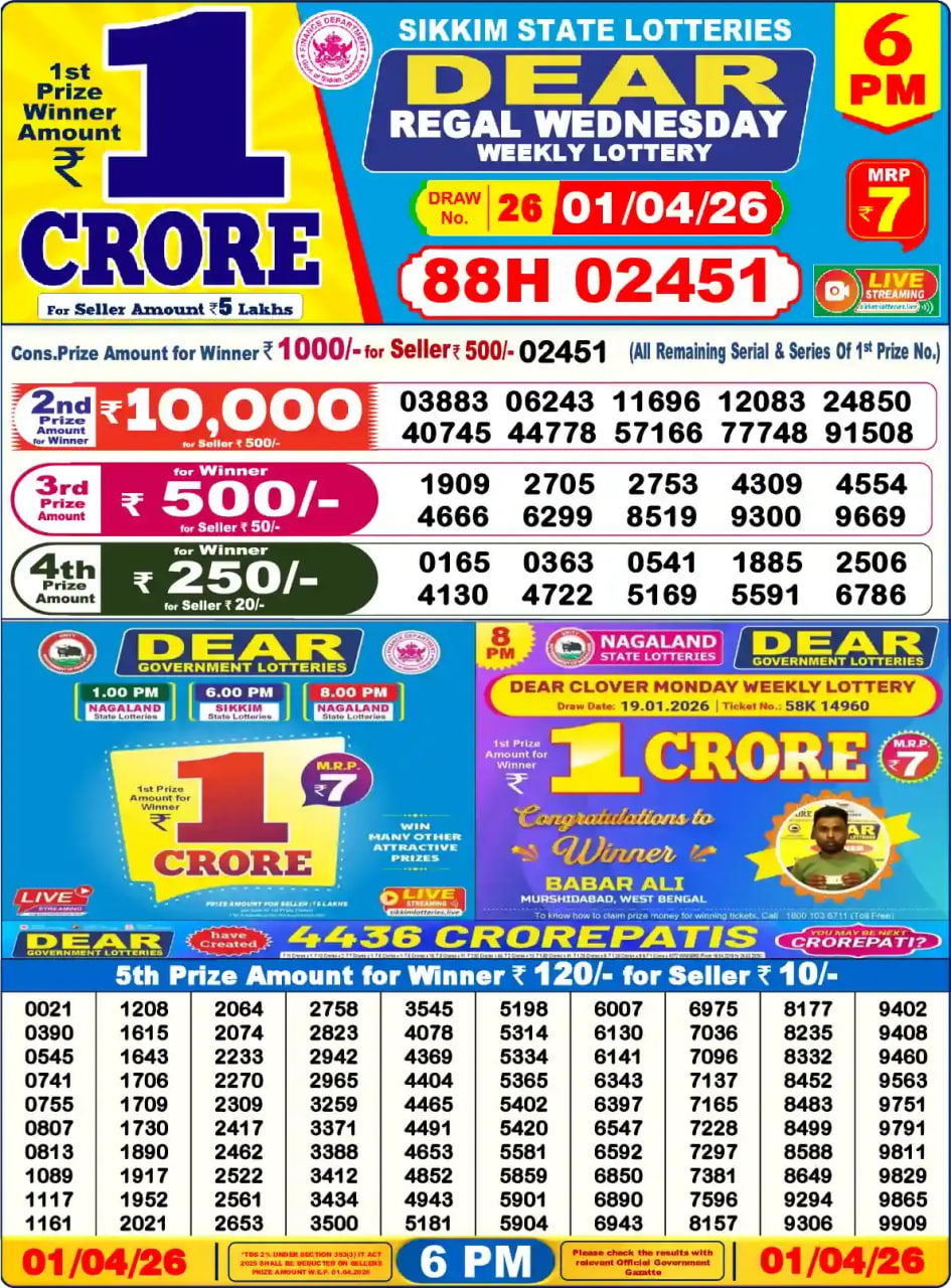 Dear Lottery Result 6&nbsp;PM – Live Draw Image