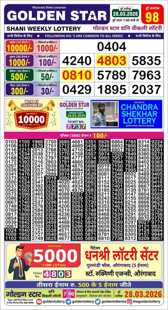 Golden Star 7 PM Result