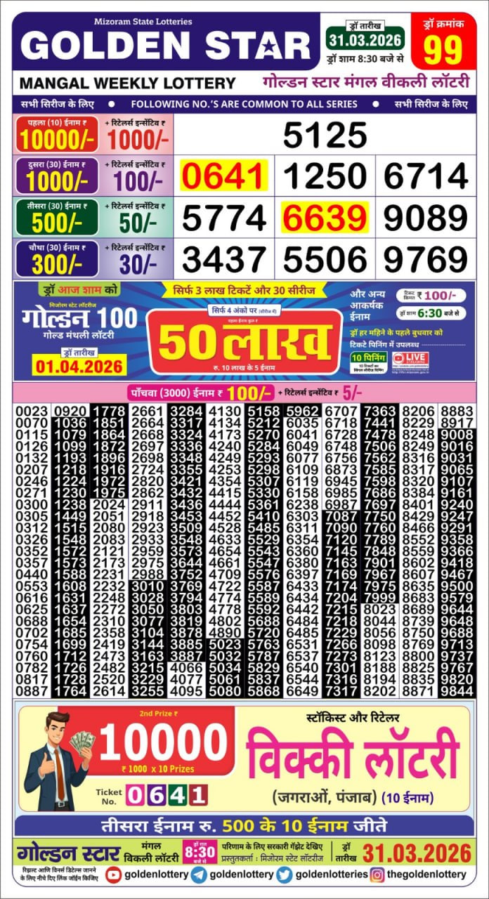 Golden Star Weekly Lottery Result 8:30pm