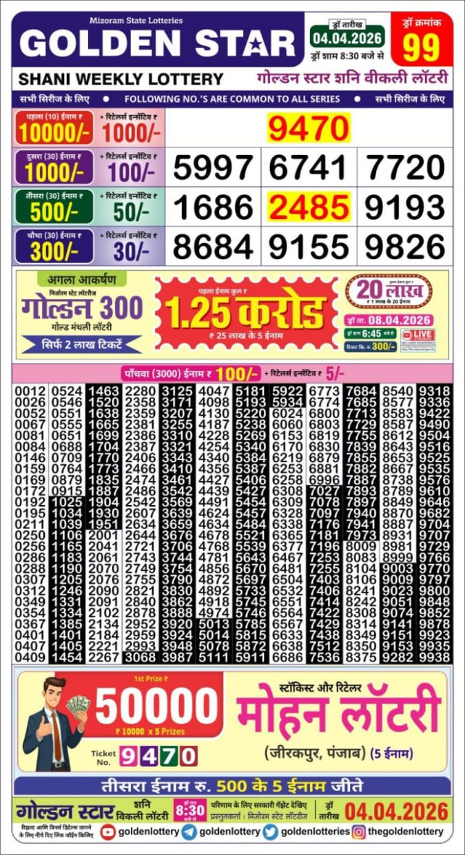 Golden-Star Weekly Lottery Result-8:30 pm