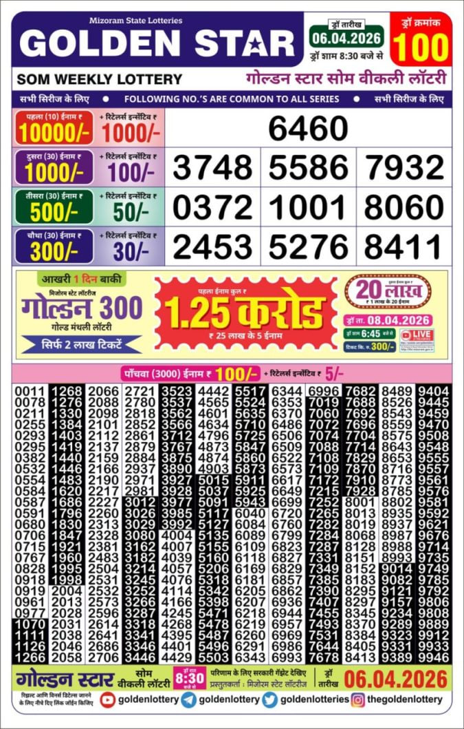 Golden-Star Weekly Lottery Result-8:30 pm