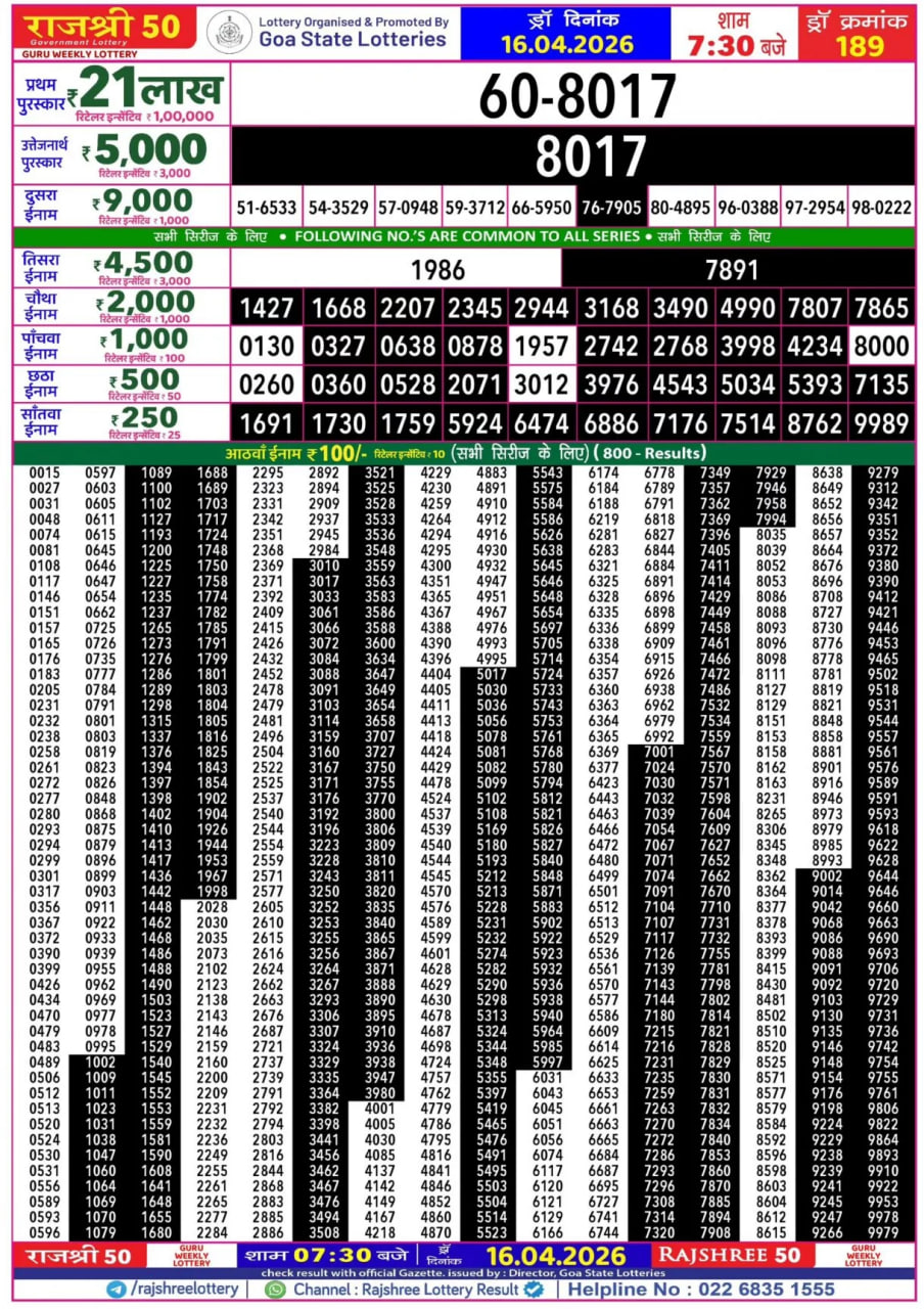 Rajshree 50 7:30 PM Result