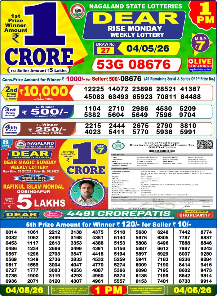 Dear Lottery 1 PM Result