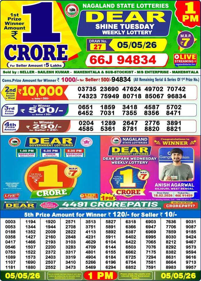 Dear Lottery 1 PM Result