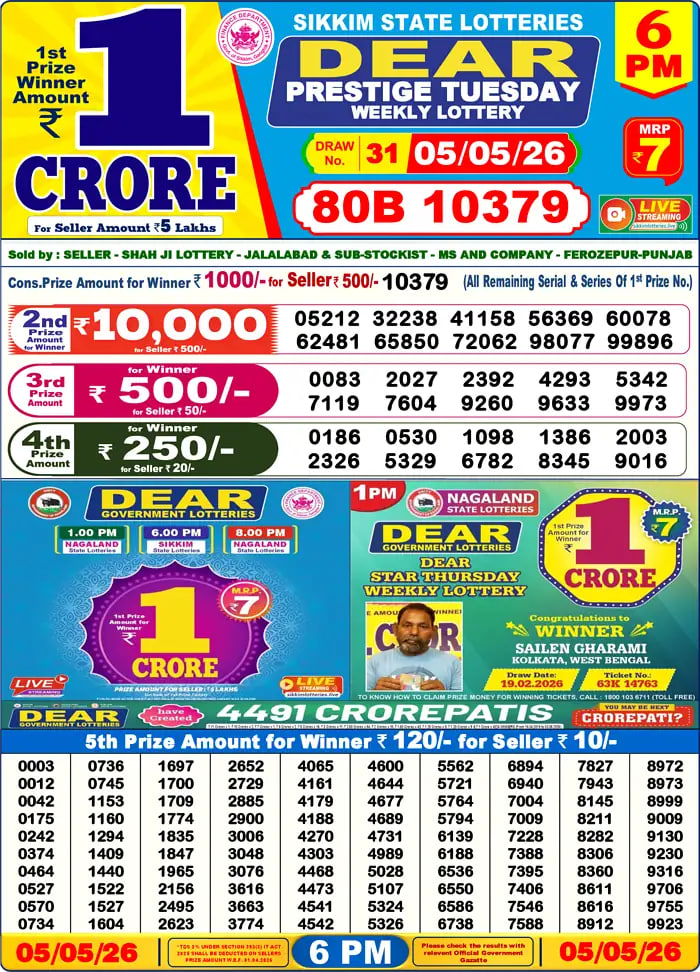 Dear Lottery6 PM Result