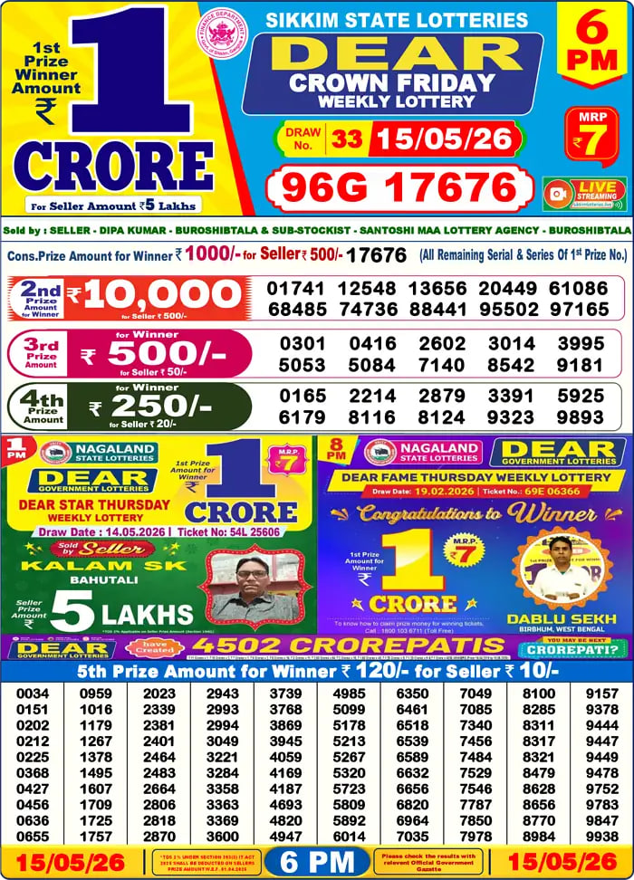 Dear Lottery Result 6&nbsp;PM – Live Draw Image