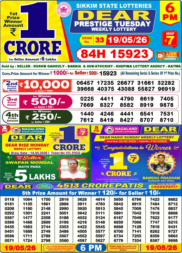 Dear Lottery Result 6&nbsp;PM – Live Draw Image