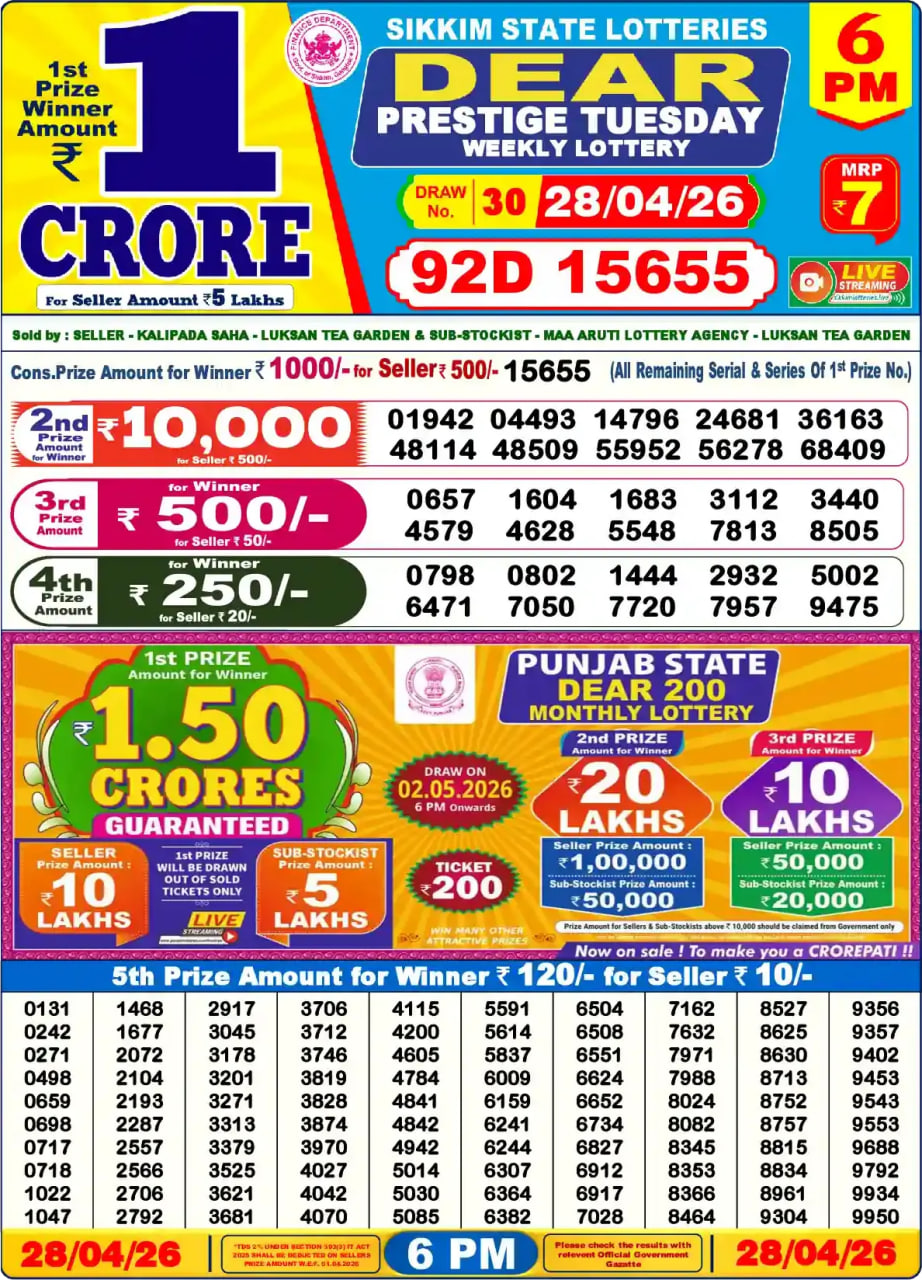Dear Lottery Result 6&nbsp;PM – Live Draw Image
