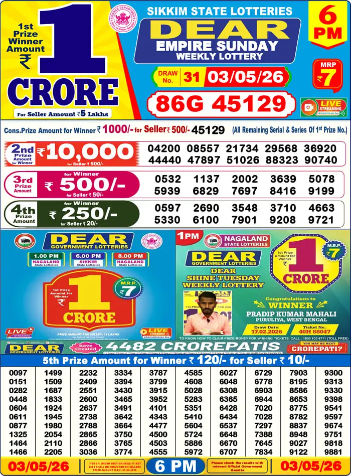 Dear Lottery Result 6&nbsp;PM – Live Draw Image