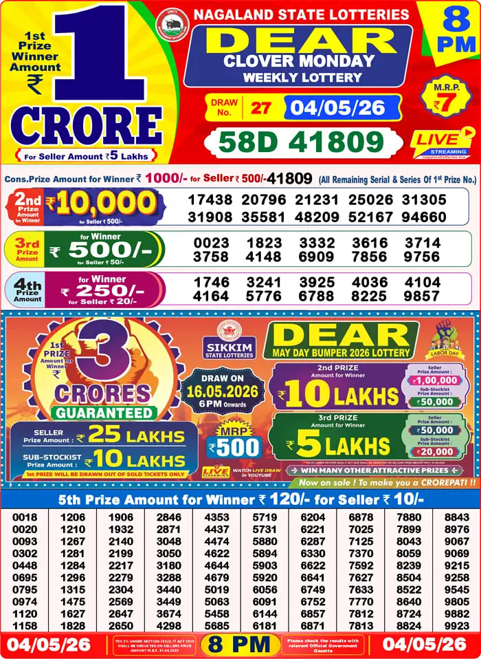 Dear Lottery Result 8&nbsp;PM – Live Draw Image