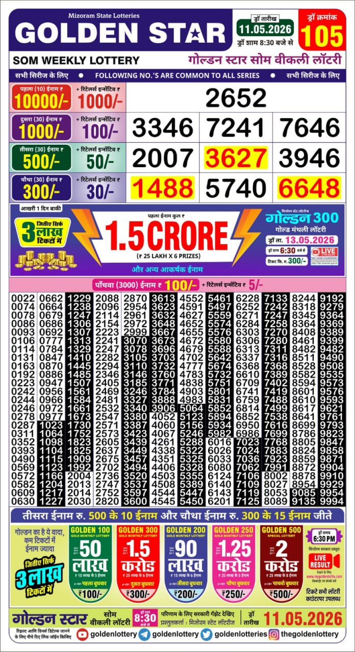 Golden-Star Weekly Lottery Result-8:30 pm