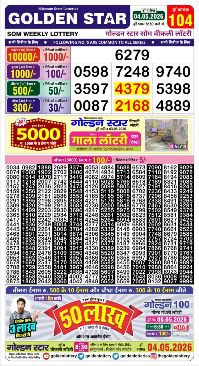 Golden-Star Weekly Lottery Result-8:30 pm
