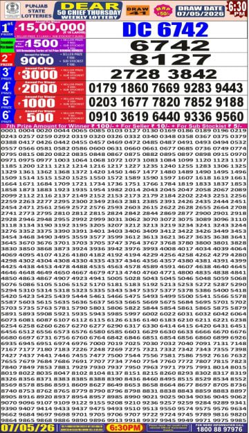 Punjab State Dear 50 6:30pm Lottery Result