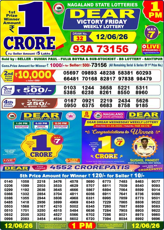 Dear Lottery Result 1&nbsp;PM – Live Draw Image