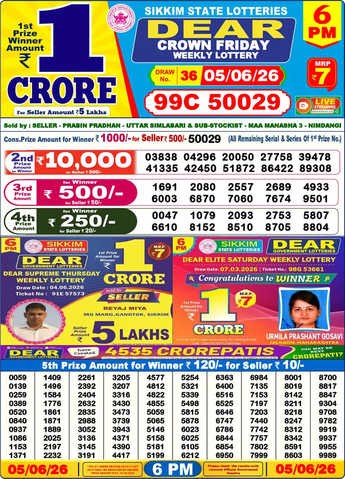 Dear Lottery Result 6&nbsp;PM – Live Draw Image