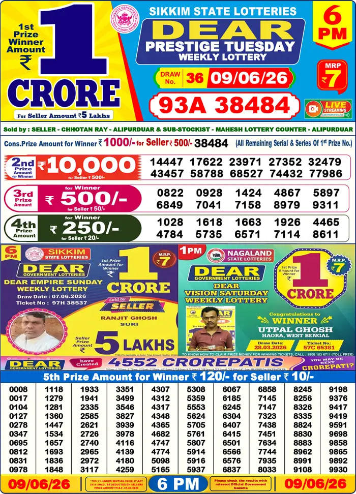 Dear Lottery6 PM Result