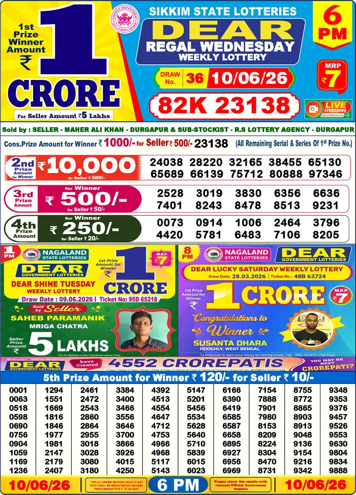 Dear Lottery Result 6&nbsp;PM – Live Draw Image