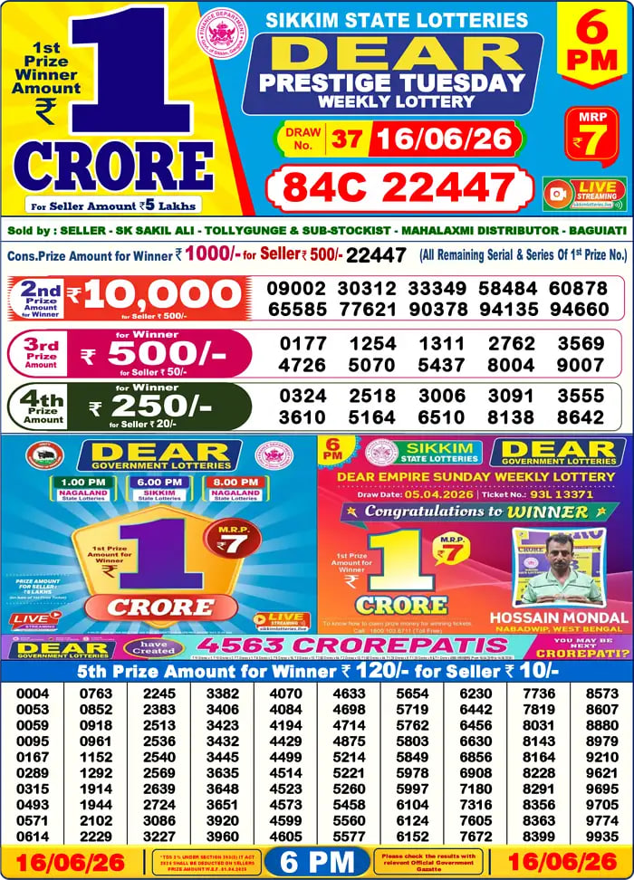 Dear Lottery6 PM Result