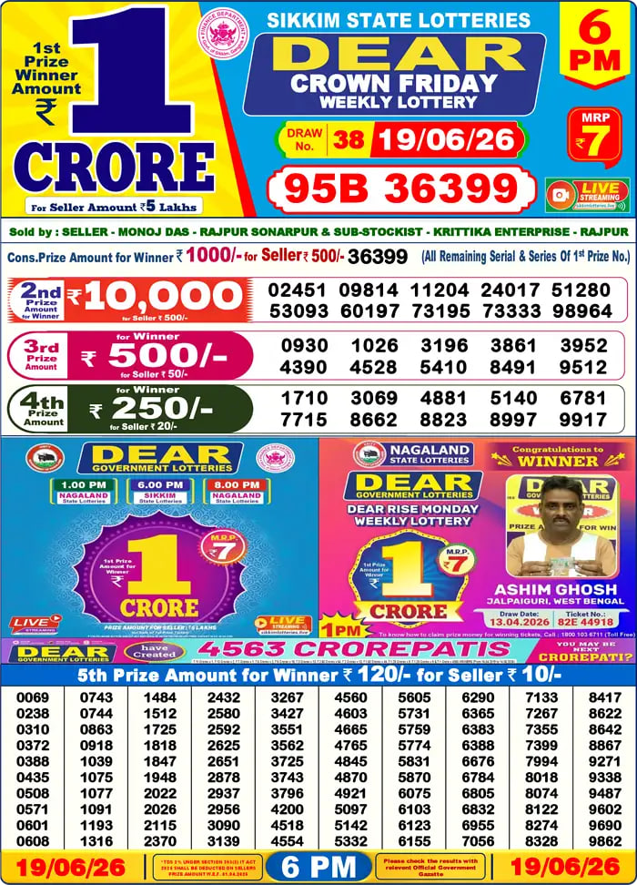 Dear Lottery Result 6&nbsp;PM – Live Draw Image