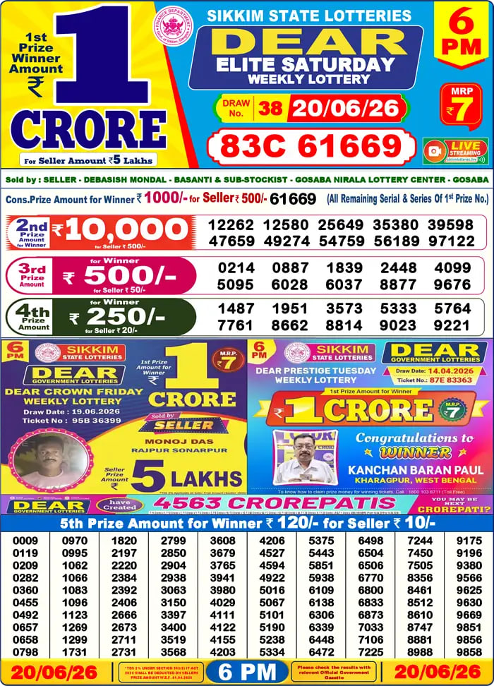 Dear Lottery Result 6&nbsp;PM – Live Draw Image