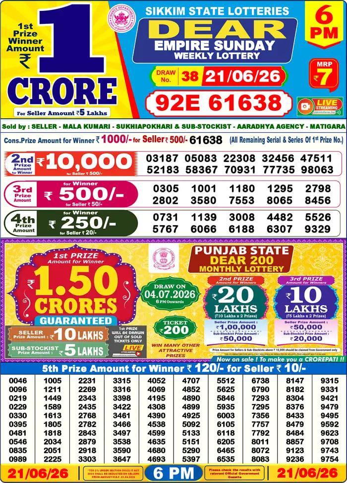 Dear Lottery Result 6&nbsp;PM – Live Draw Image