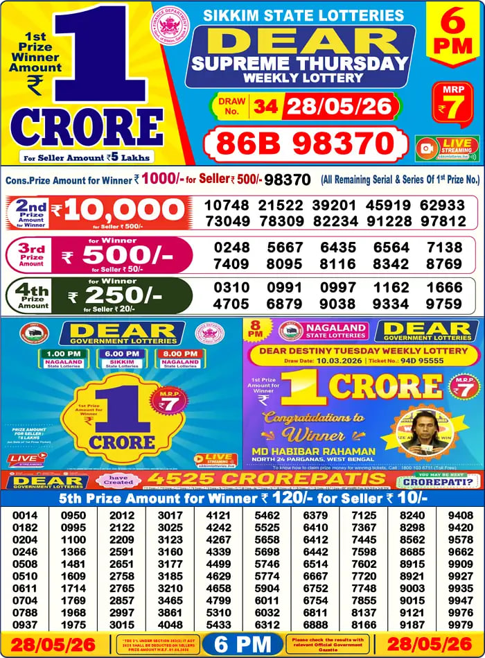 Dear Lottery6 PM Result