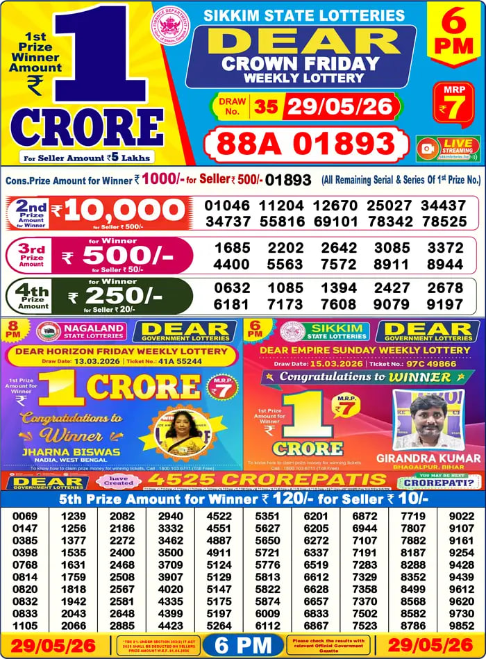 Dear Lottery Result 6&nbsp;PM – Live Draw Image