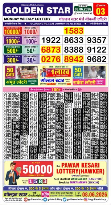 Golden-Star Weekly Lottery Result-8:30 pm