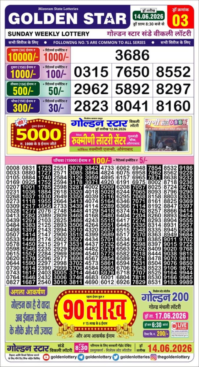 Golden-Star Weekly Lottery Result-8:30 pm