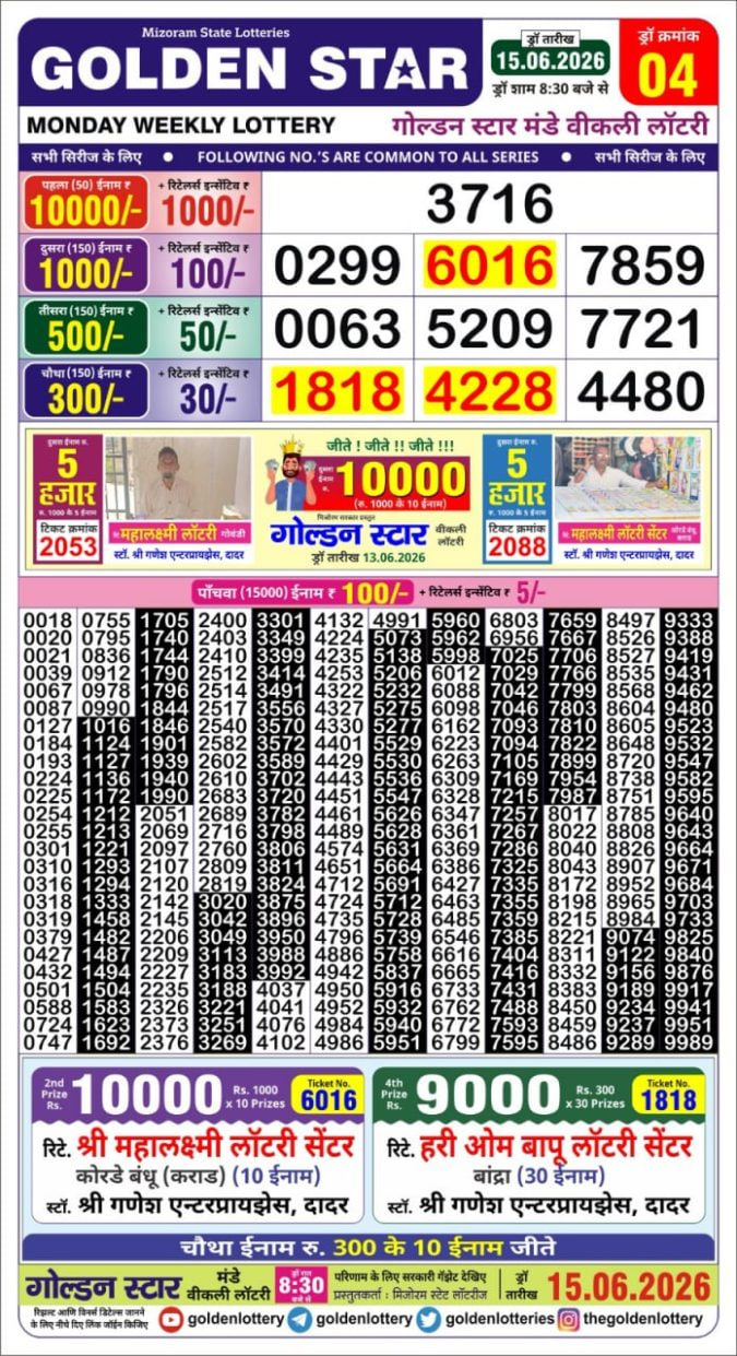 Golden-Star Weekly Lottery Result-8:30 pm