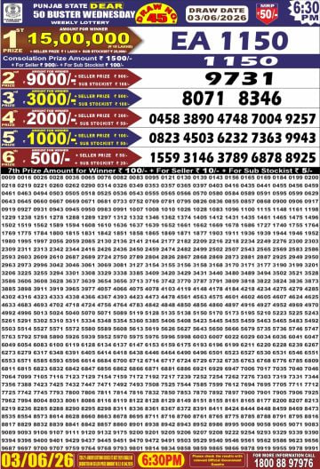 Punjab State Dear 50 6:30pm Lottery Result