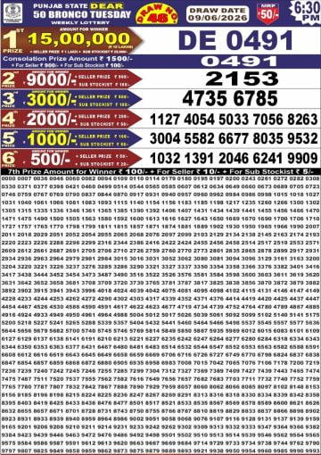 Punjab State Dear 50 6:30pm Lottery Result