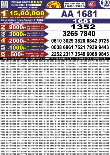 Punjab State Dear 50 6:30pm Lottery Result