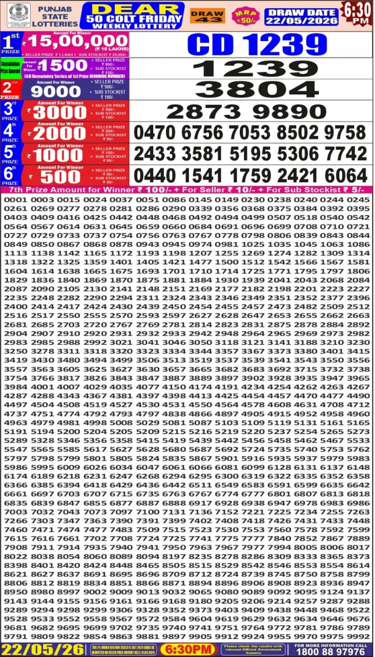 Punjab State Dear 50 6:30pm Lottery Result