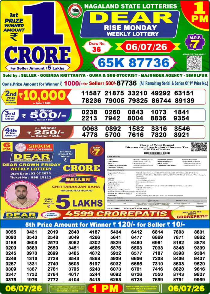 Dear Lottery 1 PM Result