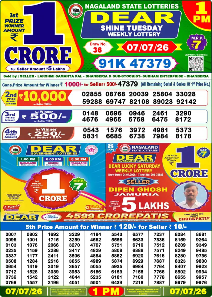 Dear Lottery 1 PM Result