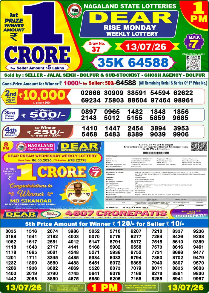Dear Lottery 1 PM Result
