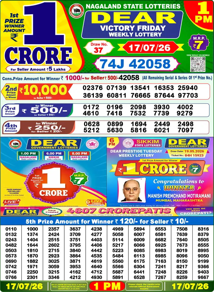 Dear Lottery Result 1&nbsp;PM – Live Draw Image