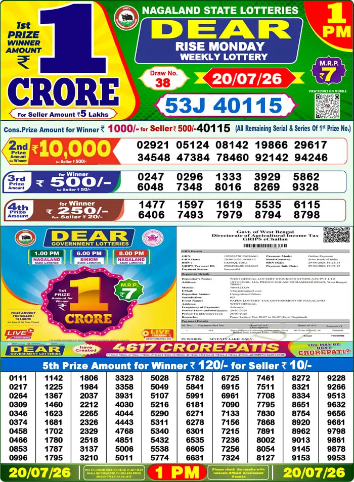 Dear Lottery 1 PM Result