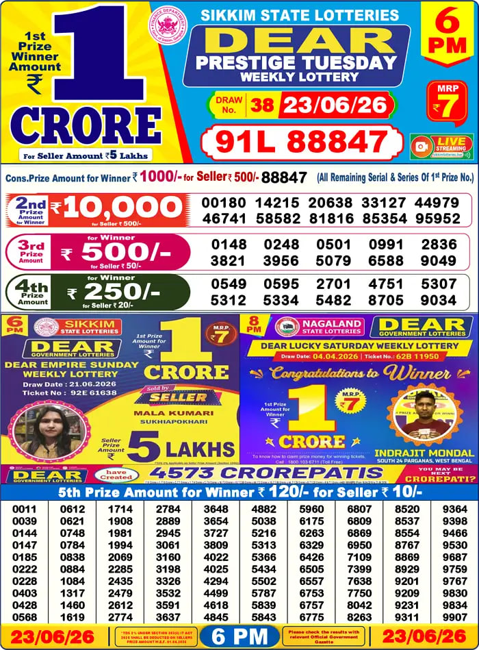 Dear Lottery Result 6&nbsp;PM – Live Draw Image