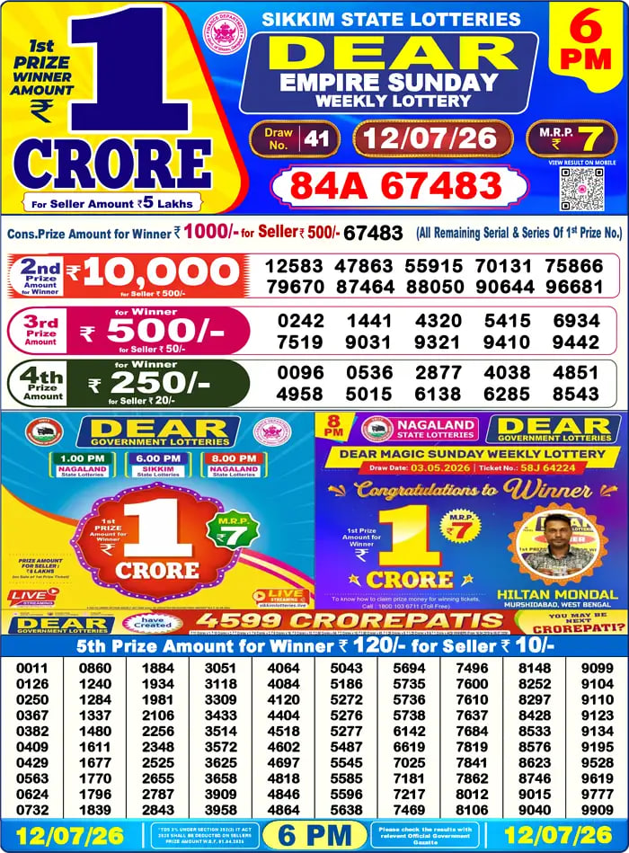 Dear Lottery Result 6&nbsp;PM – Live Draw Image
