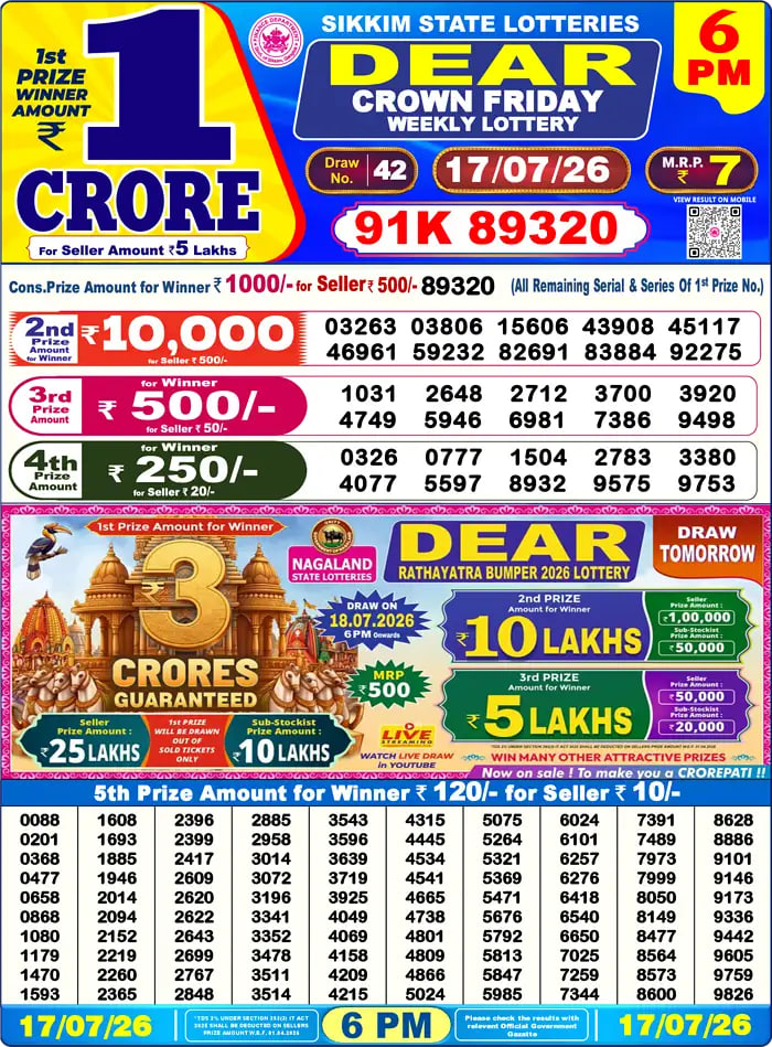Dear Lottery Result 6&nbsp;PM – Live Draw Image